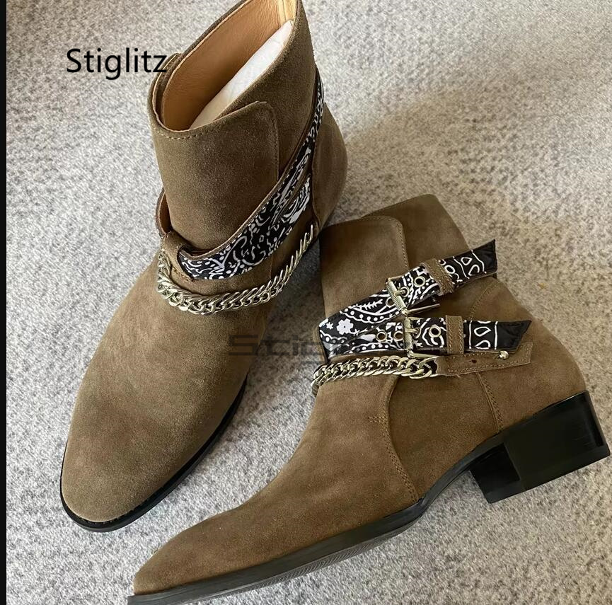 Men Shoes Size 11 - Herren-Chelsea-Kettenstiefel aus Wildlederimitat, britischer Stil, Metallschnalle,