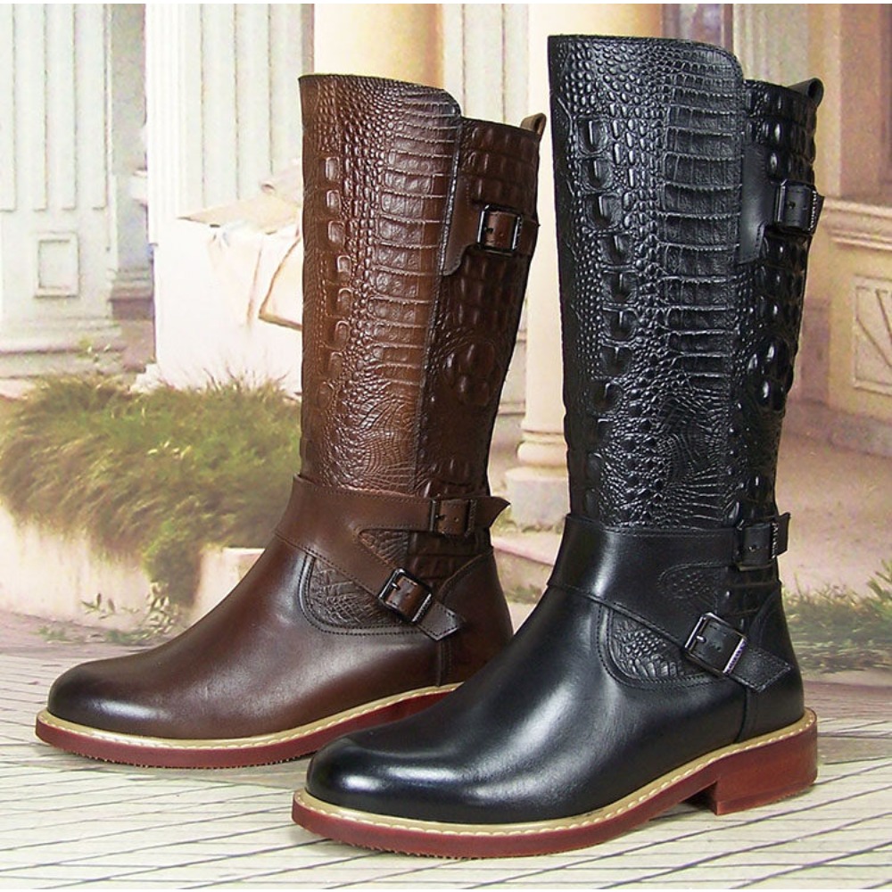 Men'S Shoes Zipper - Modische Herren Geprägte Leder-Garde-der-Ehre-Reitstiefel, kniehoch mit